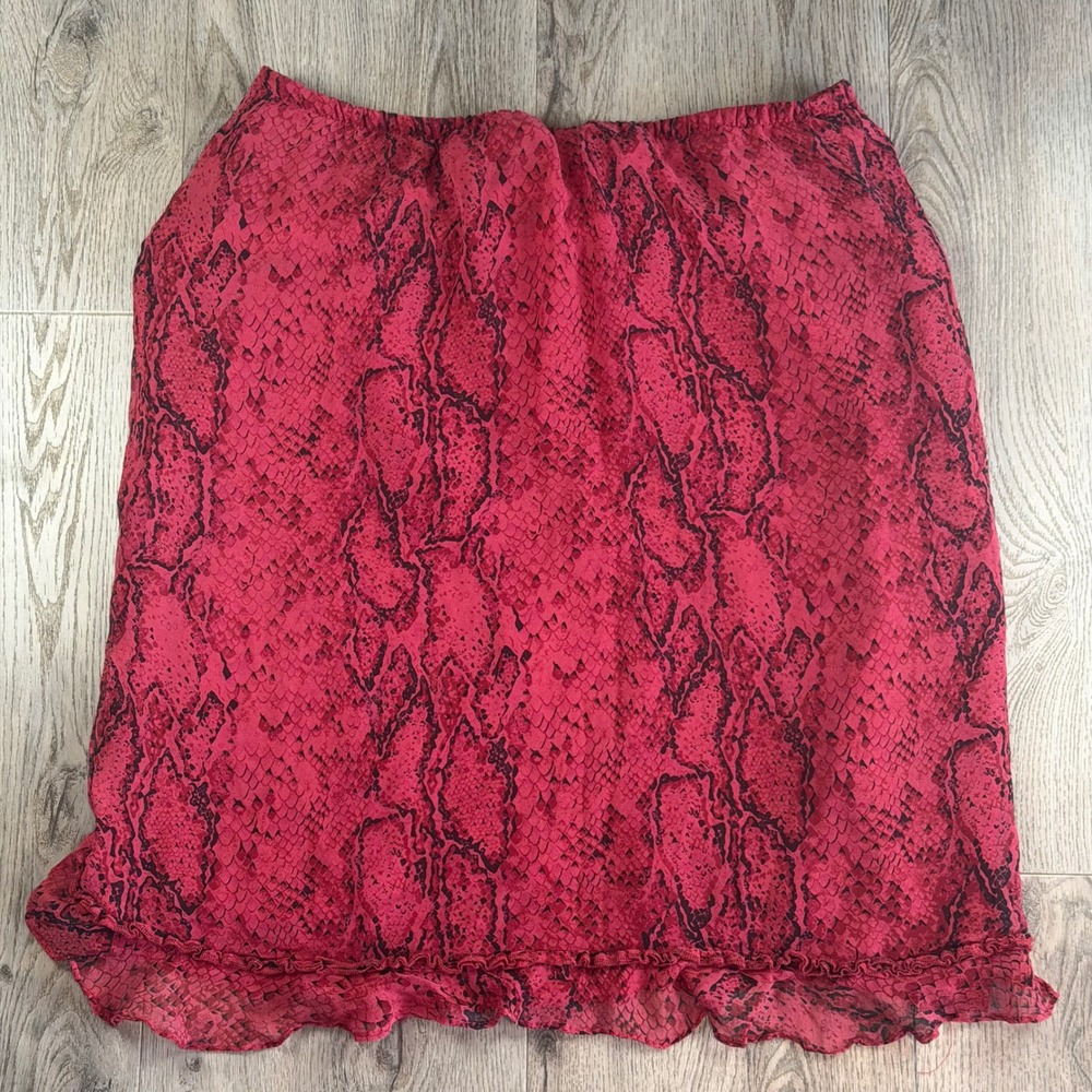 Red Snakeskin Silk Skirt Womens 12 Animal Print Ruffle Hem Lined Whimsical
